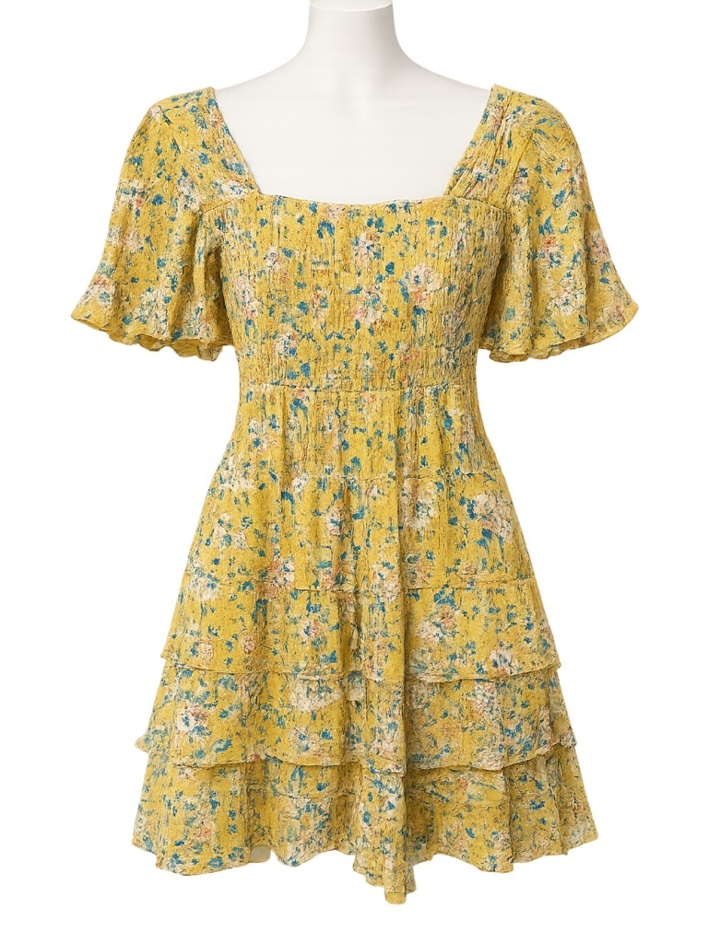 Chelsea & Violet yellow floral smocked mini dress, XS